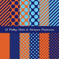 Navy Blue, Orange and Baby Blue Polka Dots and Candy Stripes Vector Patterns. Modern Geometric Backgrounds. Repeating Pattern Tile Swatches Included.