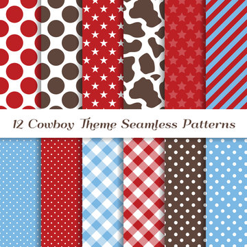 Red, Baby Blue, White and Brown Cowboy Theme Vector Patterns with Cow Skin Print and Stars, Stripes, Gingham and Polka Dots. Kids Birthday Party Backdrop. Seamless Pattern Tile Swatches Included.