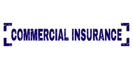 COMMERCIAL INSURANCE text seal print with grunge texture. Text label is placed between corners. Blue vector rubber print of COMMERCIAL INSURANCE with grunge texture.