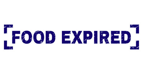 FOOD EXPIRED title seal print with corroded effect. Text tag is placed inside corners. Blue vector rubber print of FOOD EXPIRED with corroded texture.