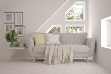 White room with sofa and green landscape in window. Scandinavian interior design. 3D illustration