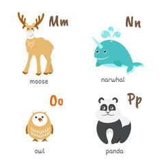 Animal alphabet with moose narwhal owl panda characters