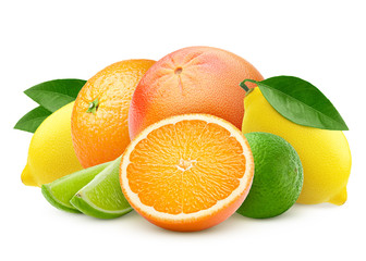 citrus, mix, lemon, orange, lime, grapefruit isolated on white background, clipping path, full depth of field