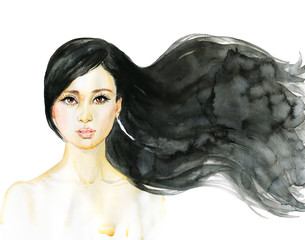 Watercolor beauty young woman. Hand drawn portrait of asian girl. Painting fashion illustration on white background