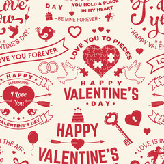 Happy Valenyines day background or wallpaper. Vector. Design for banner, print with heart and key, bird, amur, arrow. Vector. Valentines day seamless pattern for february 14 celebration