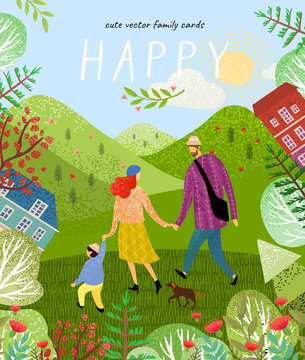 happy family. Cute vector poster, card or cover with an illustration of a father, mother and newborn baby on a background of green nature, mountains and forest landscape with flowers