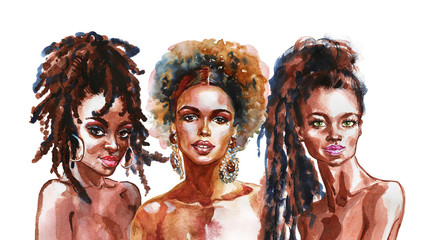 Watercolor beauty african women. Painting fashion illustration. Hand drawn portrait of pretty girls on white background - obrazy, fototapety, plakaty