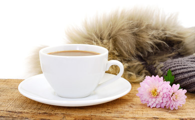 Sweater, a cup of coffee,flowers