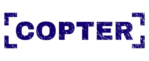 COPTER text seal print with distress texture. Text caption is placed between corners. Blue vector rubber print of COPTER with dirty texture.