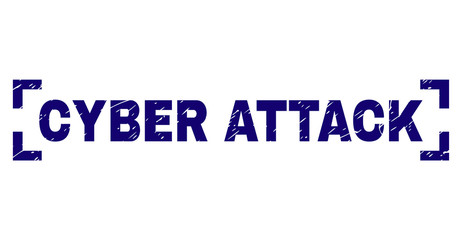 CYBER ATTACK text seal watermark with corroded texture. Text title is placed inside corners. Blue vector rubber print of CYBER ATTACK with corroded texture.