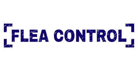 FLEA CONTROL tag seal print with distress texture. Text tag is placed between corners. Blue vector rubber print of FLEA CONTROL with unclean texture.