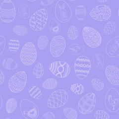 Happy Easter seamless pattern. Hand-drawn eggs with a variety of ornaments on a lilac background. Vector.