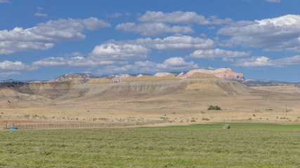 Fototapeta premium green farming lands in Tropic valley surrounded by sandstone buttes of Backbone Ridge (Garfield county, Utah)