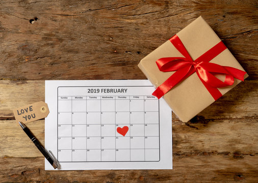 Gift and calendar conceptual image of Ready for Saint Valentines on the 14th of february of 2019