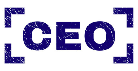 CEO text seal print with grunge effect. Text caption is placed inside corners. Blue vector rubber print of CEO with grunge texture.