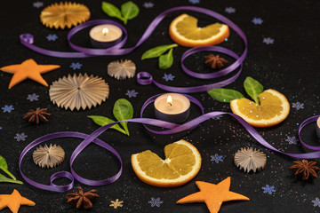 pattern of orange hearts and ribbons, concept, background, abstraction