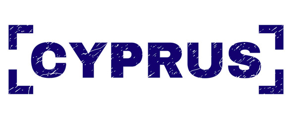 CYPRUS tag seal print with corroded effect. Text tag is placed inside corners. Blue vector rubber print of CYPRUS with grunge texture.
