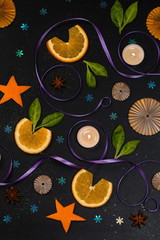 pattern of orange hearts and ribbons, concept, background, abstraction