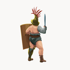 Gladiator murmillo, view from back,vector illustration. The fighter is armed with Gladius sword and scutum shield.