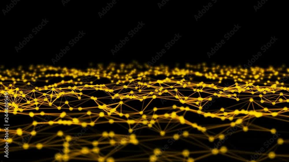 Poster golden digital computer data and network connection triangle lines and spheres in futuristic technol