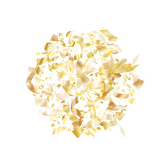 Holiday realistic gold confetti flying on black background.
