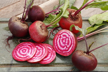 Striped chioggia beet. Root crops cut into slices.