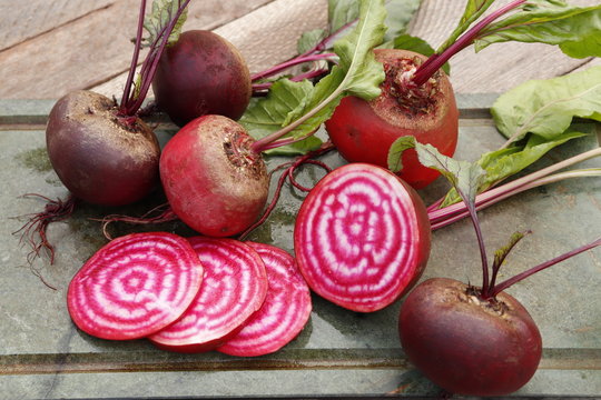 Striped chioggia beet. Root crops cut into slices.