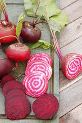 Striped chioggia beet. Root crops cut into slices.
