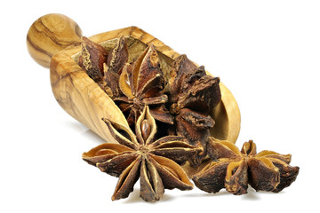 star anise in a scoop made of olive wood isolated on white background