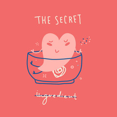 Love is the secret ingredient greeting card for Valentine Day with cute cartoon heart and particles. Cute Minimal Kitchen poster concept. Kissing character