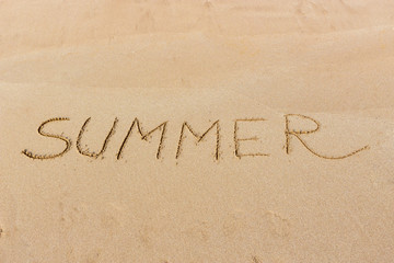 Fototapeta na wymiar Summer text on the sand