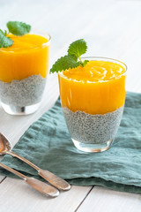 Chia seeds pudding with mango puree. Healthy breakfast. Sweet healthy dessert.