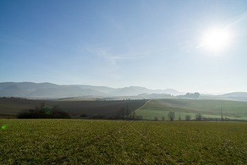 Misty morning on meadow with trees and views. Slovakia
