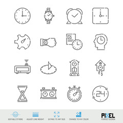 Vector Line Icon Set. Time Related Linear Icons. Clock Symbols, Pictograms, Signs. Pixel Perfect Design. Editable Stroke. Adjust Line Weight. Expand to Any Size. Change to Any Color.