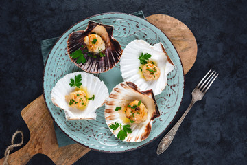 Seared scallops shell with butter, garlic and parsley.