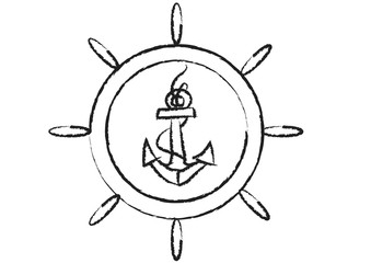 Anchor with a rope inside the wheel in the grunge style. Vector composition icon