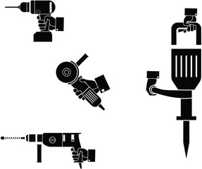 Vector picture power tools- rotary hammer, jackhammer, angle grinder and cordless drill in a hand