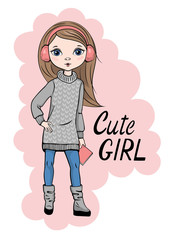 Hand drawn beautiful cute little girl in girl in sweater and leggings. Vector illustration in vector style