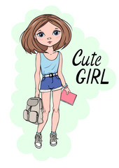 Hand drawn beautiful cute little girl. Tourist in shorts and a t-shirt holding a backpack. Vector illustration in vector style