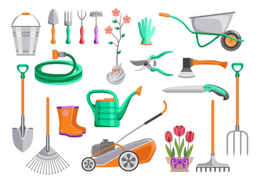 Gardening tools set. Bucket, wheelbarrow, shovel, pitchfork, rake, lawnmower, watering hose, pruner, ax, saw, watering can, plant in pot, sprout. Vector isolated flat illustration, icons.
