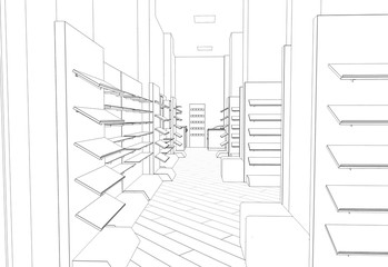 shop, store, shopping mall, contour visualization, 3D illustration, sketch, outline