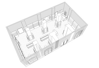 shop, store, shopping mall, contour visualization, 3D illustration, sketch, outline