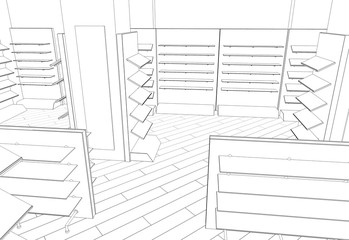 shop, store, shopping mall, contour visualization, 3D illustration, sketch, outline
