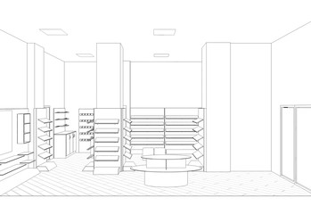 shop, store, shopping mall, contour visualization, 3D illustration, sketch, outline