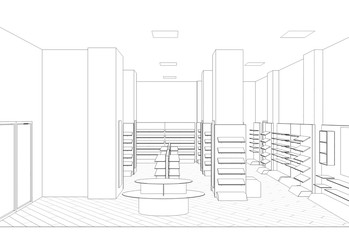 shop, store, shopping mall, contour visualization, 3D illustration, sketch, outline