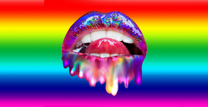 Mouth isolated on rainbow background. Melting lips with tongue. Sexy lips icon. Homosexuals flag. Ice cream kiss. Adult love. Gay pride flag or LGBT movement. - Powered by Adobe