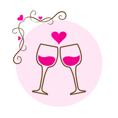 Greeting card for Saint Valentine's Day. Two glasses of wine with heart on pink background. Vector illustration