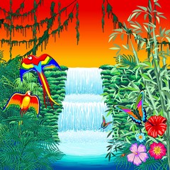 Obraz premium Wodospad ary i motyle na egzotyczny krajobraz w ilustracji wektorowych styl Naif dżungli