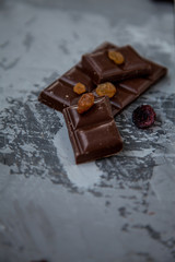Chocolate with dried fruits: raisins and cranberries. copy space