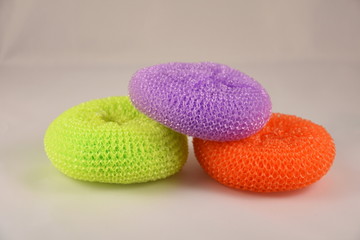 three colorful plastic scourer , Kitchen sponge